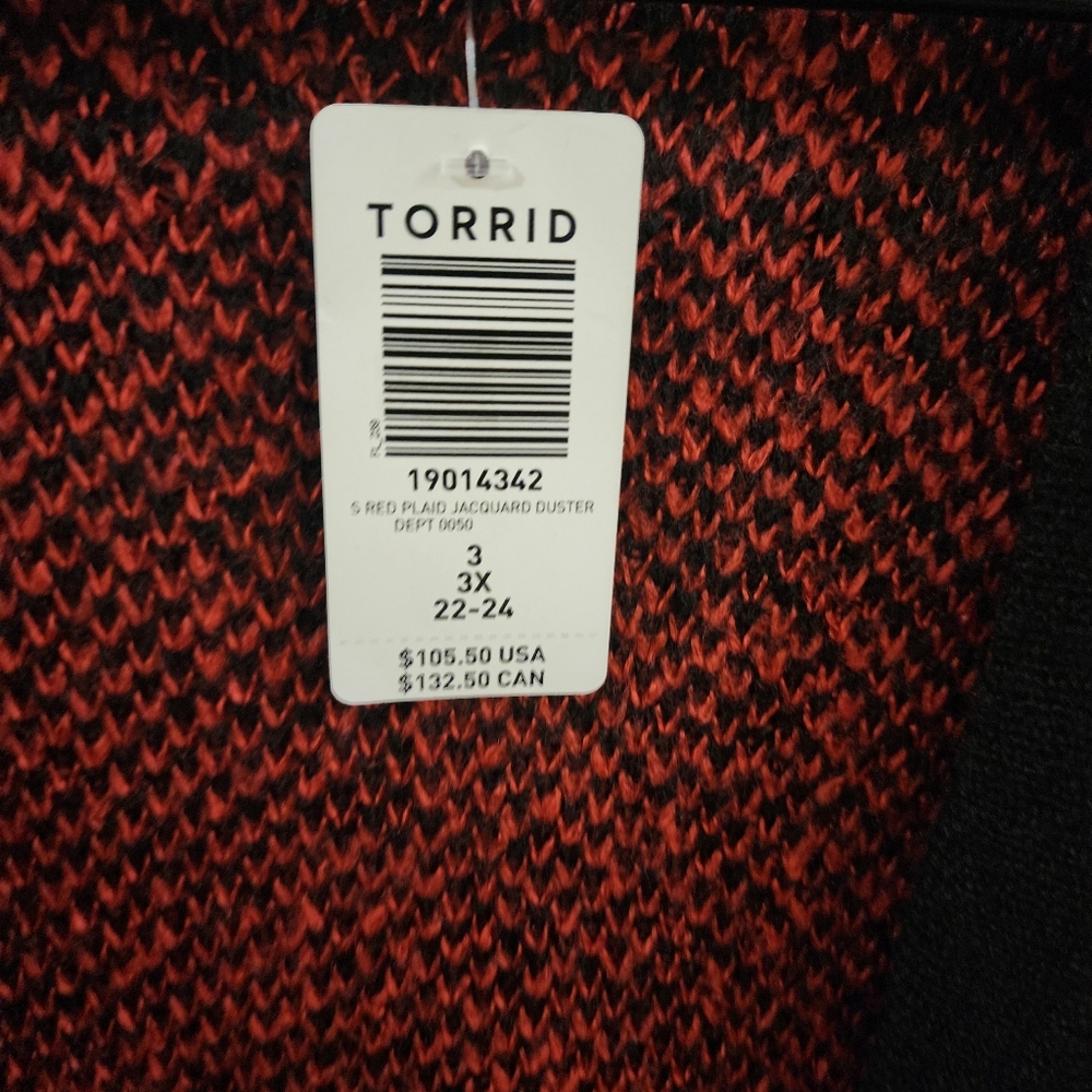 Torrid Plus Red & Black Plaid Jacquard Long Sweater Open Front Cardigan Warm - Picture 5 of 6